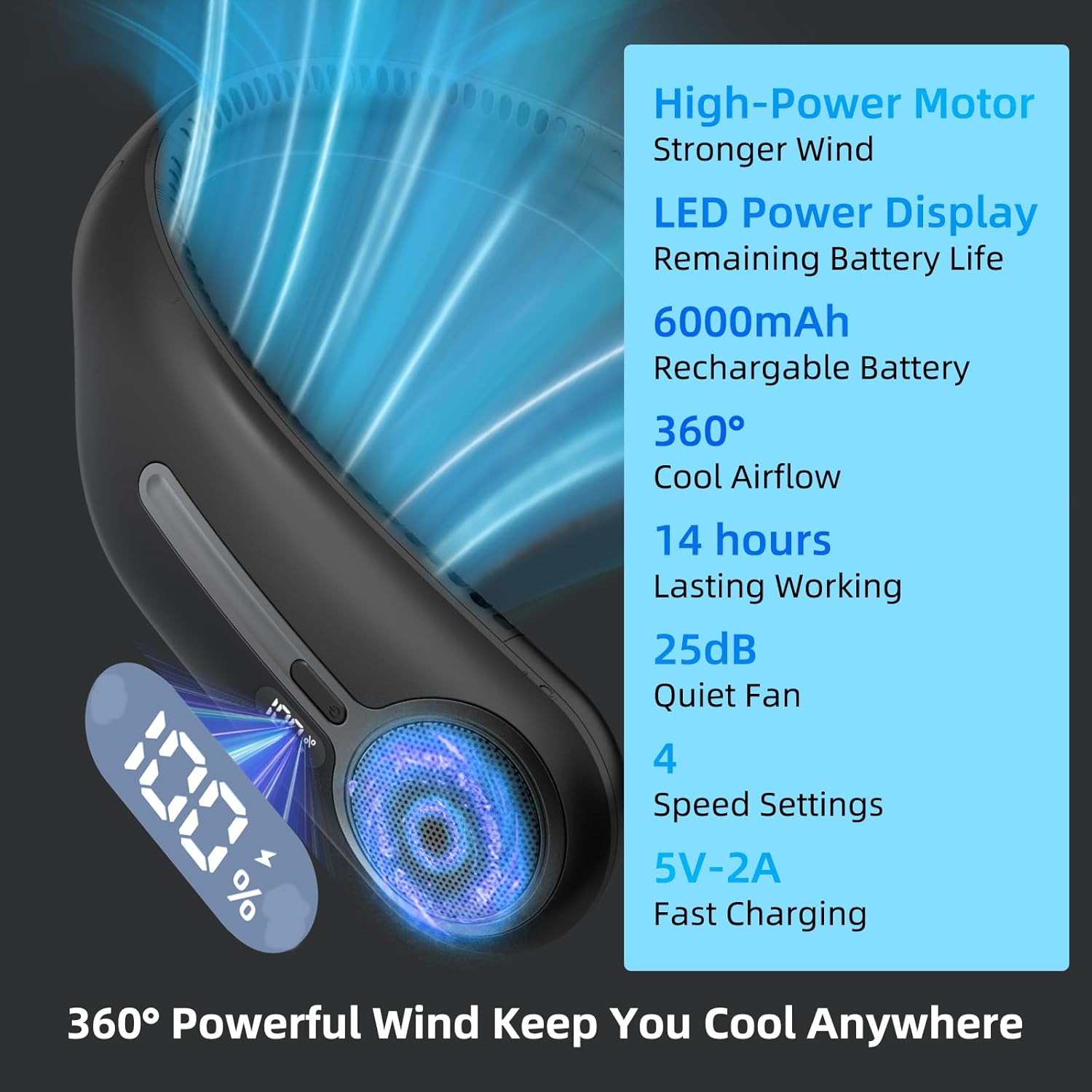 Skiennix Portable Neck Fan - Hands-Free Bladeless Design with 360° Cooling | USB Rechargeable, LED Display, 4 Speeds (Black)
