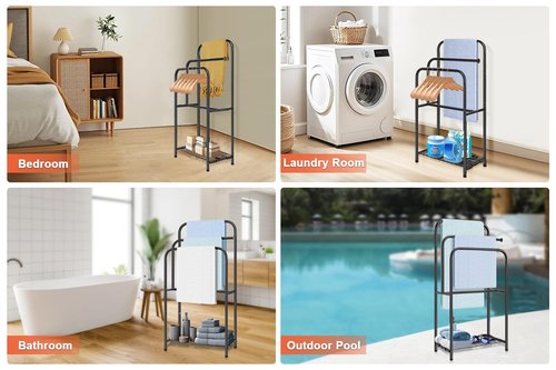 HarJue Towel Racks for Bathroom, 35" H Standing Towel Holder 3 Tier Metal Pool Towel Hanger Outdoor Floor with Storage Shelves for Blanket Bath Towel Drying (Matte Black)