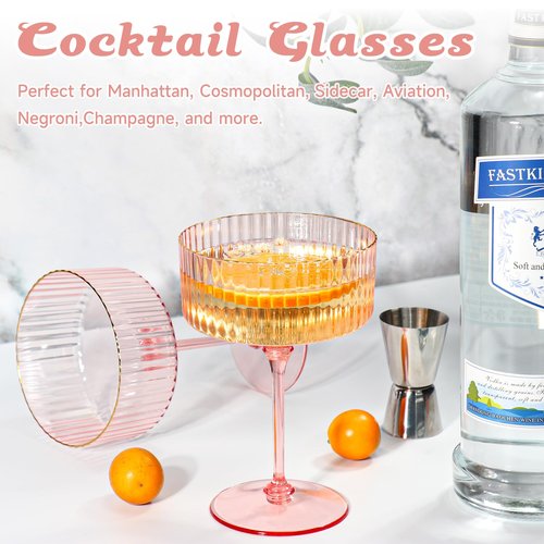 XUWAIDSGN 12 Pcs Champagne Martini Glasses 9 Oz with Gilded Removable Gold Rim Coupe Glasses Pink Martini Glasses Plastic Mimosa Vintage Coupe Glasses Set For Wedding Anniversary (12, Ribbed Pink)