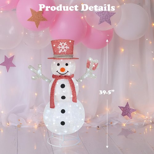 Outdoor Snowman Lighted, Pop-Up Snowman Outdoor Yard Holiday Decorations Prelit 100 Lights, Collapsible Lighted Snowmen Wear Scarf and Hold Light Up Gift Box for Pink Christmas Décor-Pink