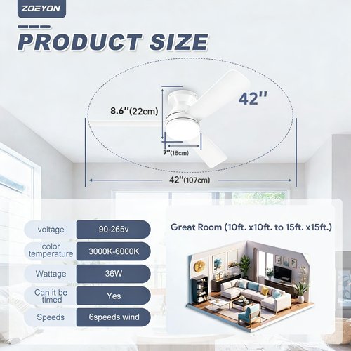 ZOEYON Ceiling Fans with Lights - 42 Inch Low Profile Ceiling Fan with Light and Remote Control, Reversible, 3CCT Dimmable, Noiseless, White Small Flush Mount Ceiling Fan for Bedroom Indoor/Outdoor