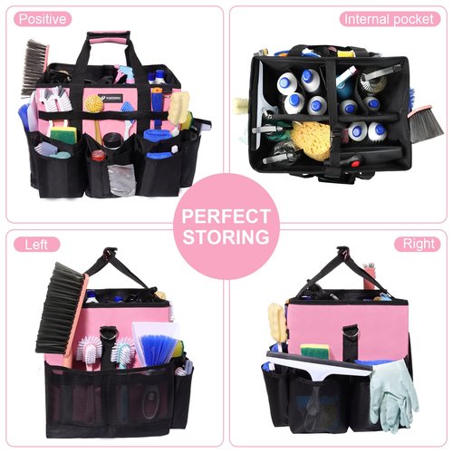VSHXENG Large Rolling Cleaning Caddy Bag with Wheels, with Detachable Trolley, Cleaning Bags on Wheels for Housekeepers, Cleaning Cart Supplies Organizer for Home, Car, Picnic (Pink)