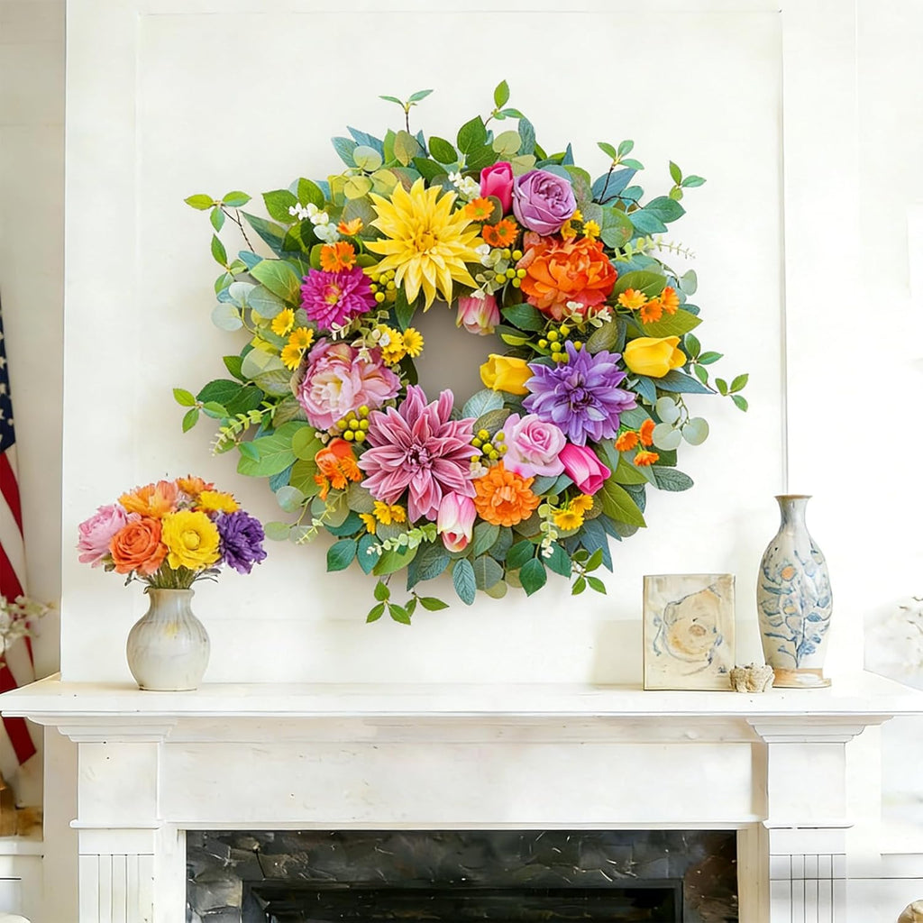 Skiennix 24-Inch Spring Summer Wreath - Luxury Colorful Floral Design with Chrysanthemums, Roses & Tulips
