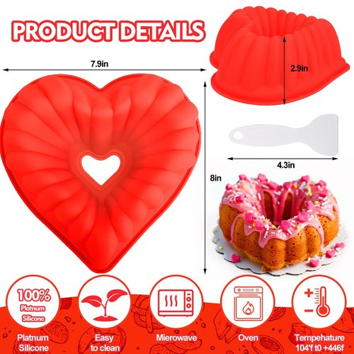 Mity rain Heart Shaped Cake Fluted Pans, Silicone 8 Inch Cake Pan Nonstick, Heart Cake Molds for Valentine'S Day, Baker Kitchen Baking Accessories (1pc, Red)