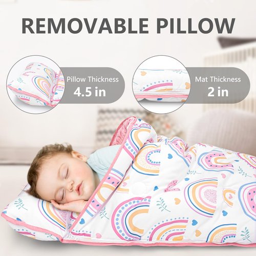 Primlect Toddler Nap Mat Extra Large Thickened 55''x35'', Soft Sleeping Bag with Detachable Minky Blanket and Pillow, Portable for Daycare, Preschool, Kindergarten, Travel, Boys and Girl (Rainbow)