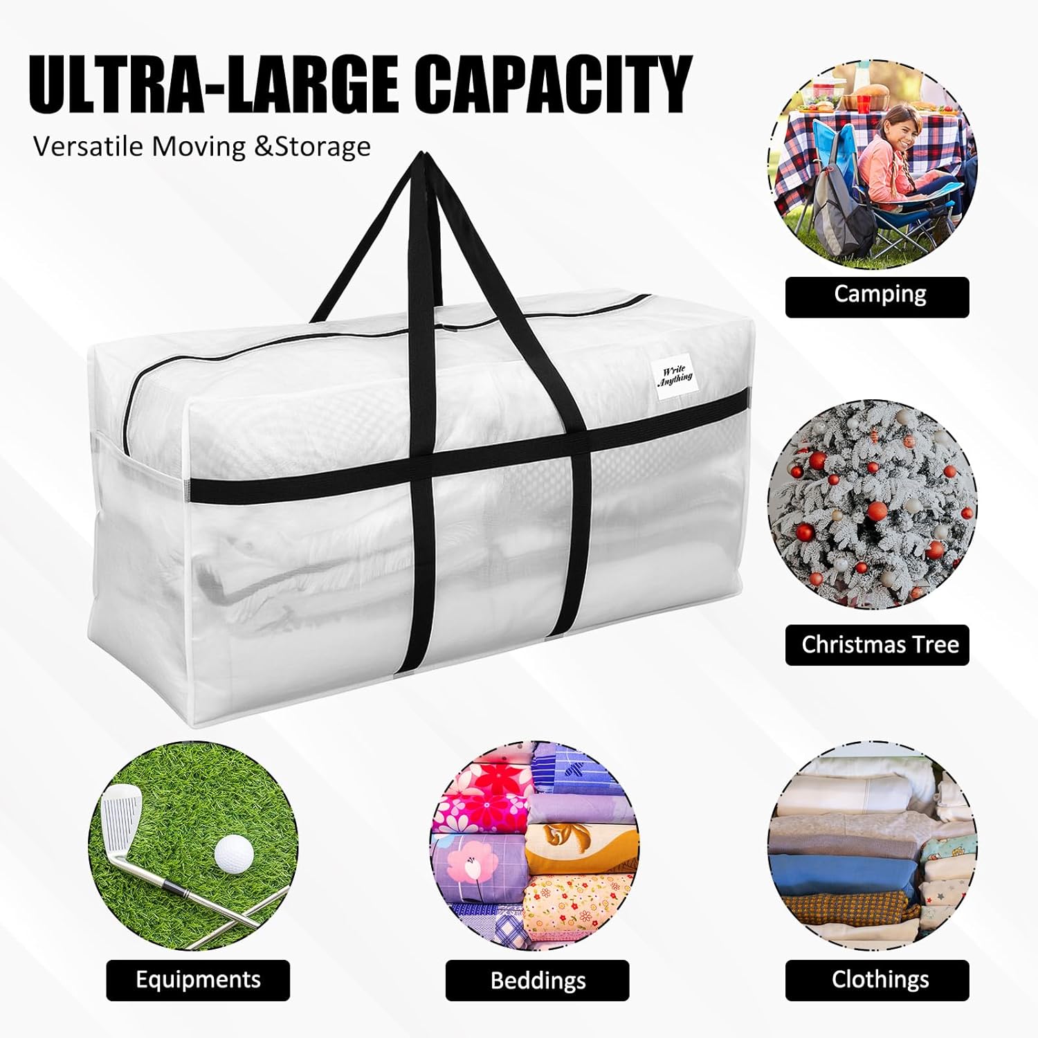 Skiennix 96 Gallon Heavy-Duty Moving Bags - Extra Large Foldable Storage Tote with Zipper Handle (Clear)