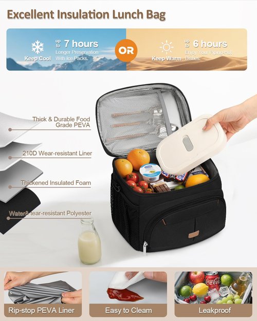 Pritent Lunch Box for Man Women, Insulated Lunch Bag Cooler Bag Leakproof Lunchbox Lunch Tote Bags with Removable Strap for Work School Picnic Travel (Black/12L