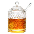 Iyulania Glass Honey Jar with Lid and Dipper, Honeycomb-Inspired Design Container, Heavy Honey Pot for Home Kitchen (10 oz)