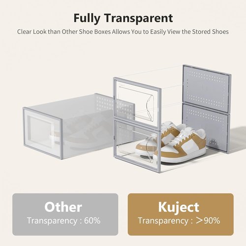 Kuject Large Shoe Storage Box - Stackable Crystal Clear Organizer | Space-Saving 12-Pack Grey