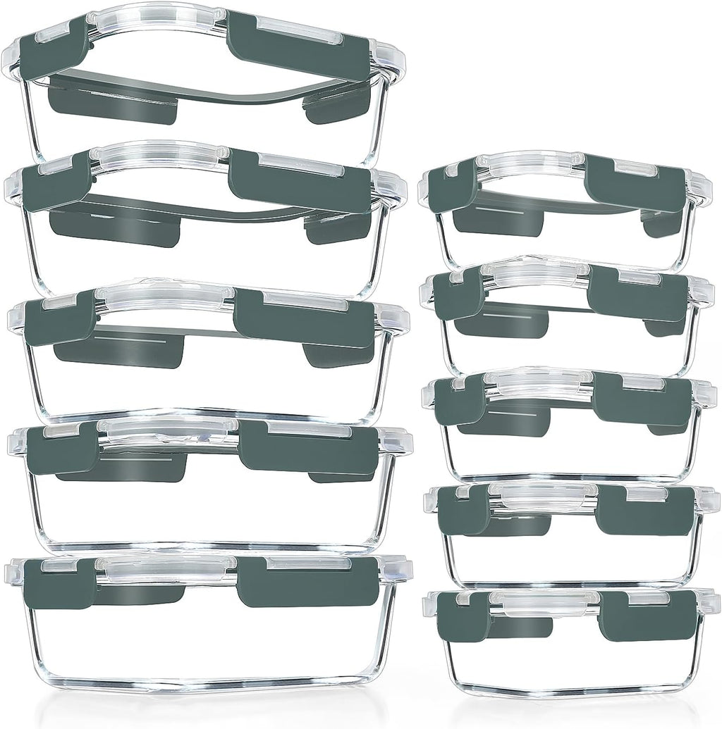 VERONES Glass Meal Prep Containers - 10 Pack Airtight Storage Set with Lids | BPA-Free, Stackable, Microwave & Oven Safe, Grey