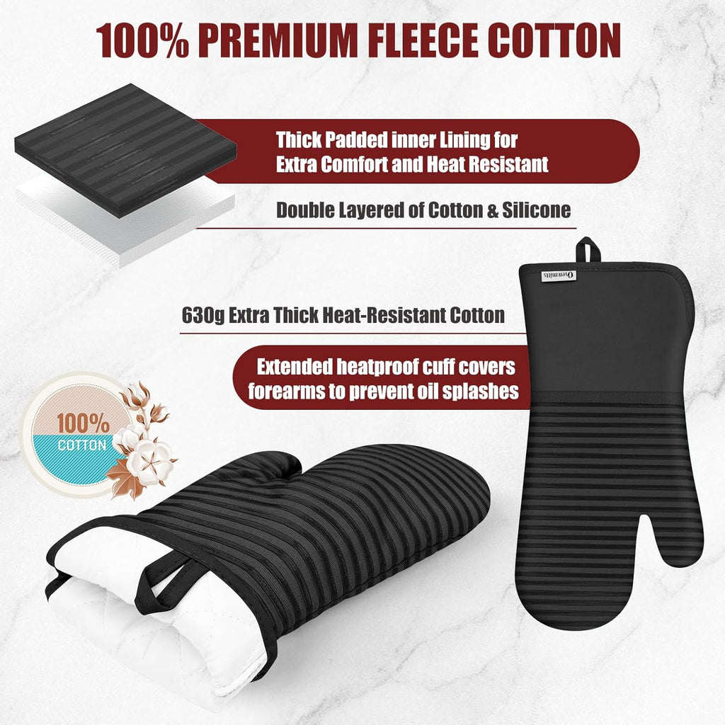 Skiennix Oven Mitts and Pot Holder Set - 500°F Heat Resistant Silicone Grip | 6 Pack Cotton Dish Towels - Black Kitchen Essentials