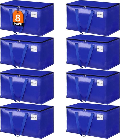 HomeHacks Moving Bags - 8-Pack Heavy Duty Storage Totes with Strong Zippers & Handles | 93L (Blue)