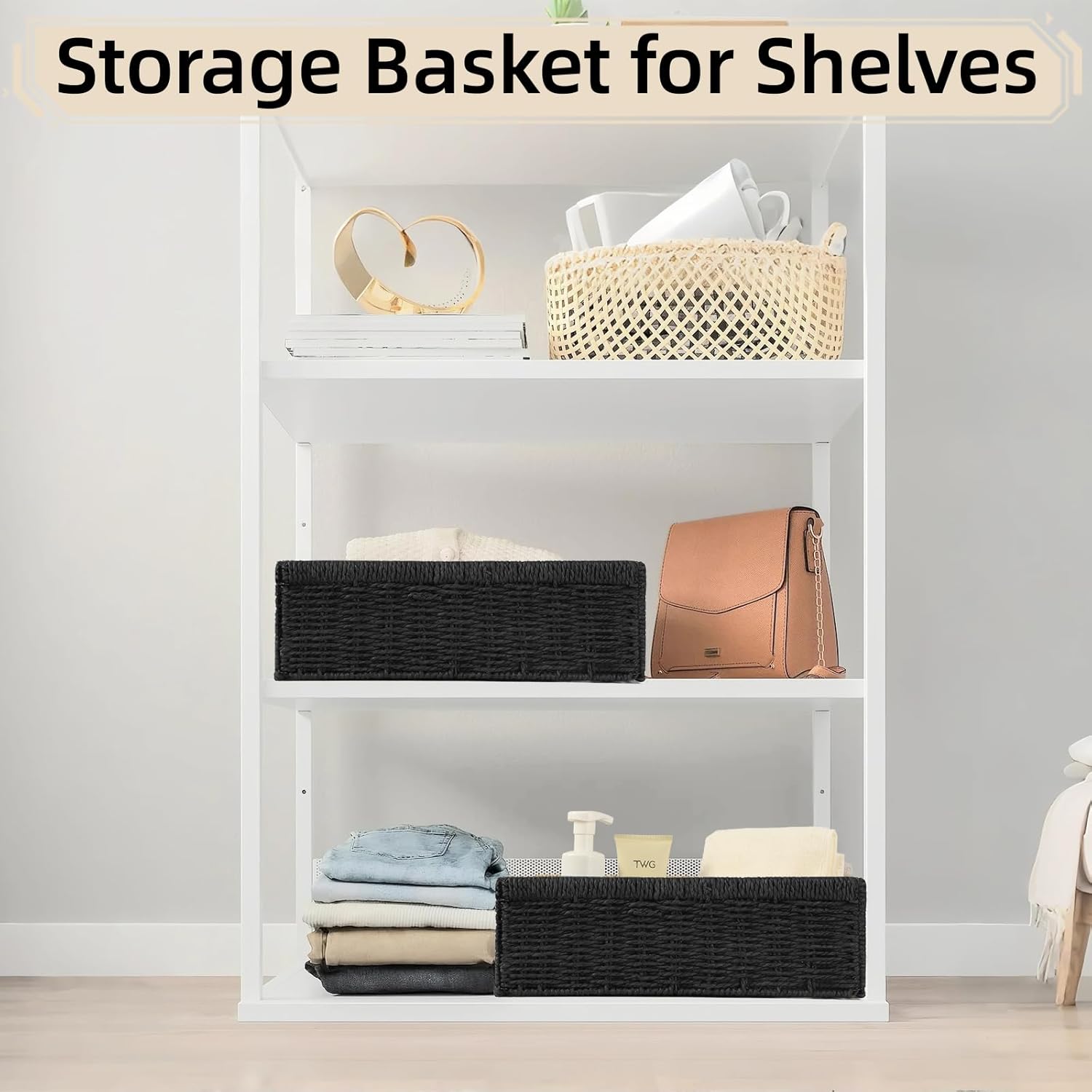 Paper Rope Storage Basket - 2 Pack Foldable Wicker Baskets with Handles | Decorative Large Organizers for Bathroom