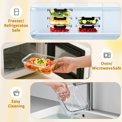 Hoenjuno Glass Food Storage Containers with Lids Set of 6, 36 OZ Meal Prep Containers for Lunch, 4.5 Cup Airtight Glass Lunch Containers Set, Microwave, Oven, Freezer & Dishwasher Safe, BPA-Free