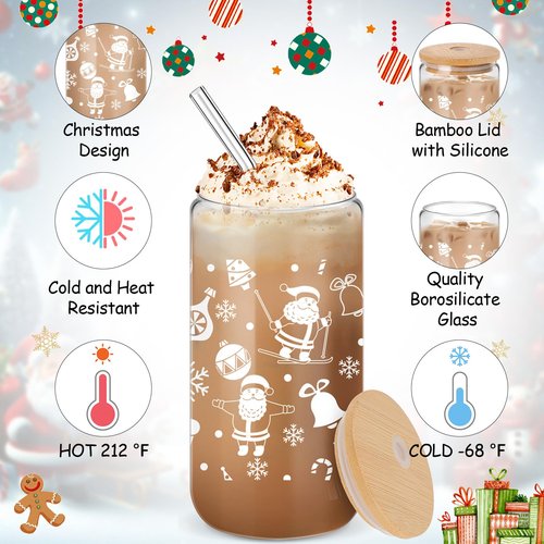 Acellegic 24 Pack Winter Glass Cups Gifts 16 oz Snowflake Glass Tumblers with Lids Straws Brushes Winter Christmas Coffee Cups for Women Men Employee Coworkers Holiday Party Favors (Fresh Style)