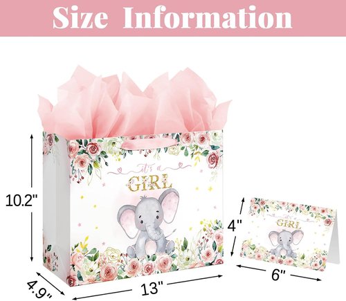 Laidans Large Baby Shower Gift Bag - Pink Floral Elephant Design with Tissue Paper & Card