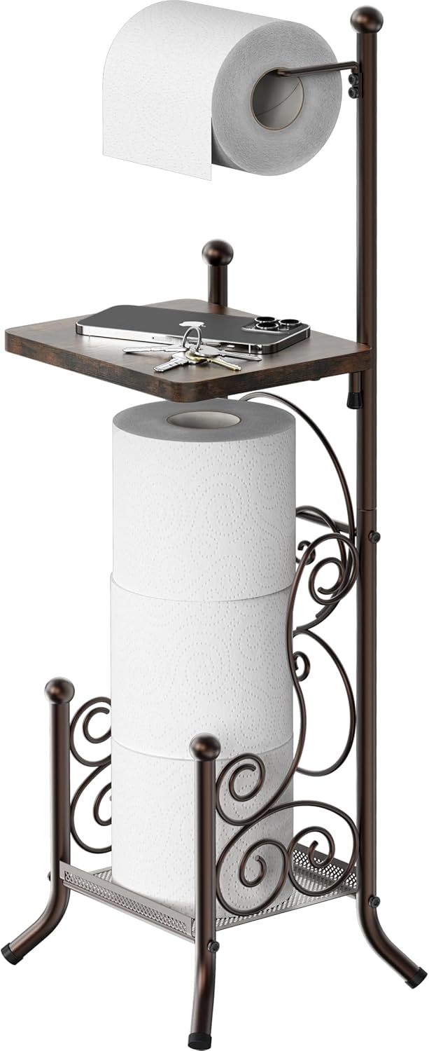 Simple Houseware Toilet Tissue Roll Holder - Stylish Bathroom Stand with Shelf in Bronze Finish