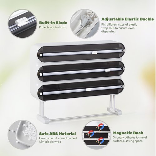 Quasziwa Aluminum Foil & Plastic Wrap Dispenser with Cutter - Magnetic & No-Drill Wall Mount, Cling Film Dispenser with Paper Towel Holder, Space-Saving 4-in-1 Kitchen Organizer - Fits 12" Roll, Black