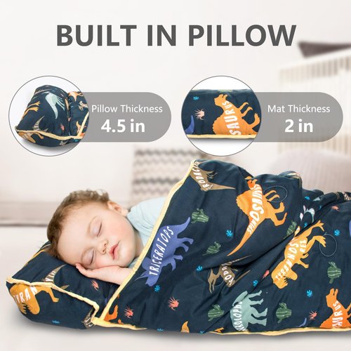 Primlect Thick Toddler Nap Mat with Removable Pillow and Minky Blanket, 45" x 35" Sleeping Bag, Fits Kids 24–36 inch, Washable, Portable for Daycare, Boys and Girls (Dinosaur)