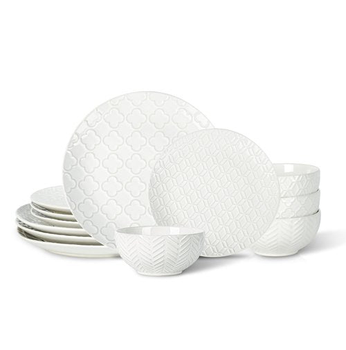 Sureasy 12-Piece Ceramic Dinnerware Set for 4 - Embossed Plates and Bowls Sets, Scratch Resistant Dish Set, Microwave, Oven & Dishwasher Safe, White