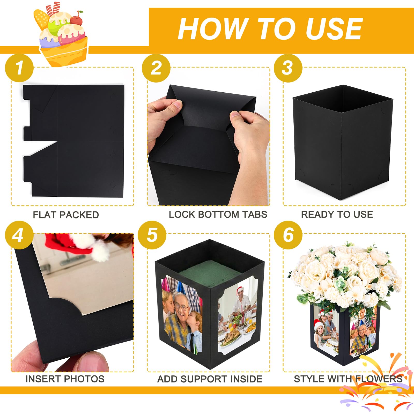 Tongnian 12 Pcs Picture Centerpieces for Table - 6 Inch Photo Display Frame & Hollow Picture Props Box for Congrats Grad Decor, Wedding, Birthday Party Table Decoration (Black)
