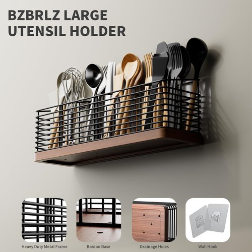 BZBRLZ Large Utensil Holder for Kitchen Counter with 4 Compartments, Matte Black Metal Holder with Wooden Base Cooking Utensil Organizer for Spatula Utensil Crock Caddy