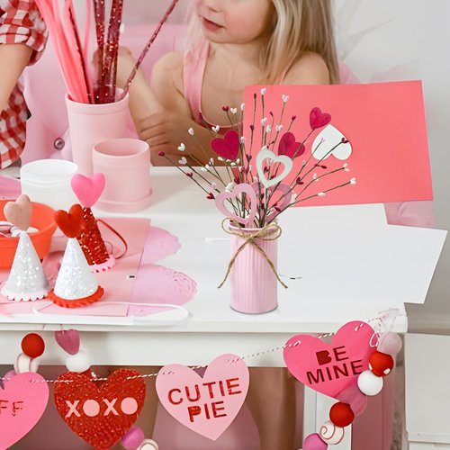 Agusbagli Valentines Day Decor Valentine Flowers Picks with Vase Valentines Day Artificial Berry Stems in Pink Metal Pot for Anniversary Wedding Table Centerpieces