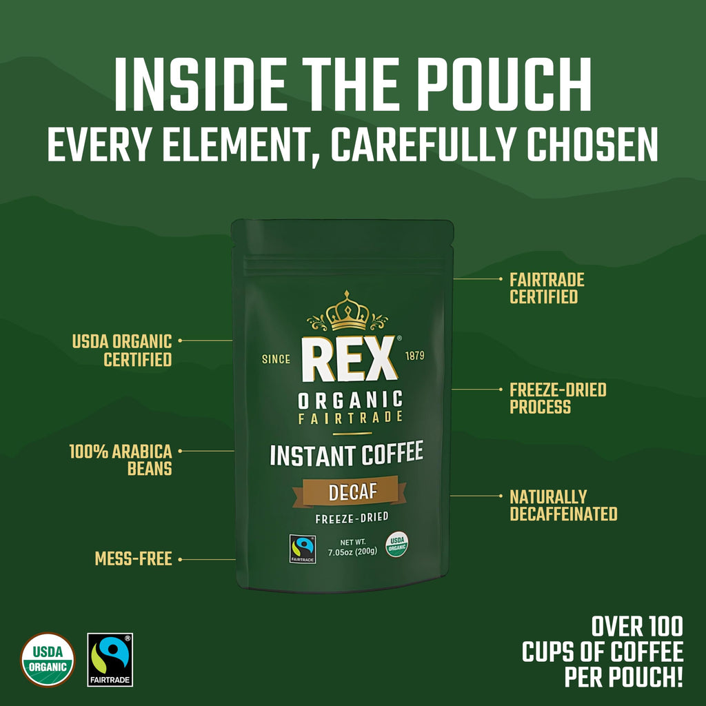 Rex Coffee Organic Fairtrade Natural Decaf Freeze-Dried Instant Coffee – Naturally Decaffeinated Arabica, 7.05 oz (Pack of 2) Resealable – Lab Tested for Mold, Mycotoxins, Heavy Metals, & Acrylamide