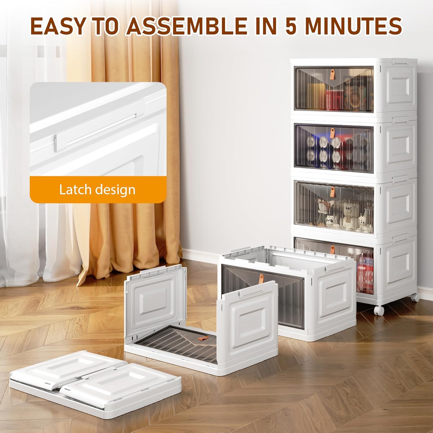 Skiennix 4-Tier Storage Bins - Stackable Closet Organizers with Lids & Wheels | 23QT Foldable Plastic Containers - White