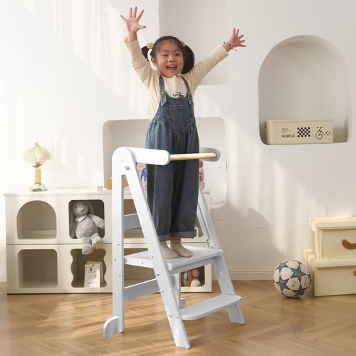 Foldable Toddler Tower 95% Preassembled Kitchen Stool Helper Folding Step Stool for Kids Montessori Toddler Standing Tower with 3 Adjustable Height Helper Tower for Kitchen Counter Sink White