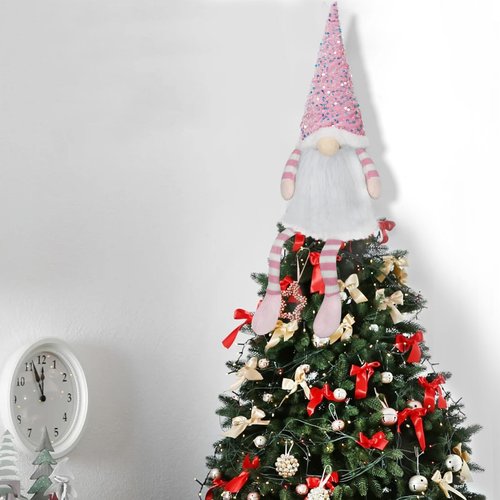 Christmas Tree Topper with Lights,Gnome Tree Topper Lighted Pink Tree Toppers Christmas Decorations Battery Operated Tree Topper with Timer 24.8 Inch