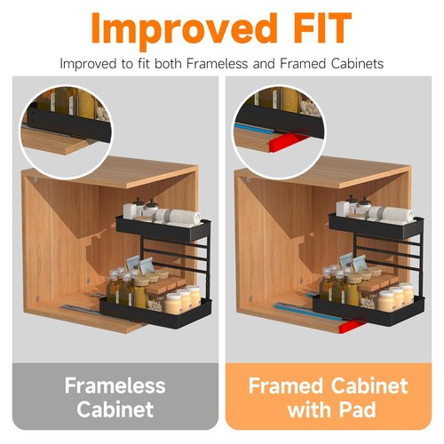 EVERIE Height Adjustable 2 Tier Metal Pull Out Slide Shelf Organizer for Under Sink Cabinets in Kitchen, Bathroom, with Snap-on Top Tray, 16" Deep (Black, 2 Sets)