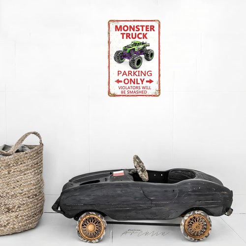 Monster Truck Parking Only Metal Sign, Boys Bedroom Monster Truck Parking Wall Decor, Birthday Decorations Party Supplies, Monster Truck Wall Decor Poster for Boys Kids, 8x12 Inch