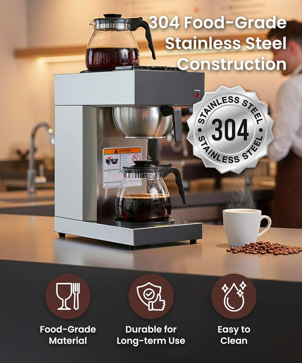 SYBO 12-Cup Coffee Maker - Commercial Pour Over Brewer with Dual Warmers & Stainless Steel Design