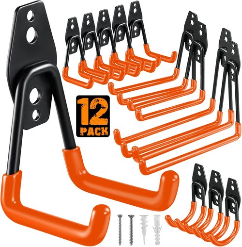 HUPBIPY Heavy Duty Garage Hooks - 12 Pack Steel Wall Mount Storage Organizer for Tools & Bikes