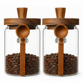 ANSQU Set of 2 Glass Food Storage Jars with Woodens Lid and Spoons, 20.3oz Glass Kitchen Canisters for Coffee, Tea, Cereal, Spice and Canning, Mason Jars, Cute Jars