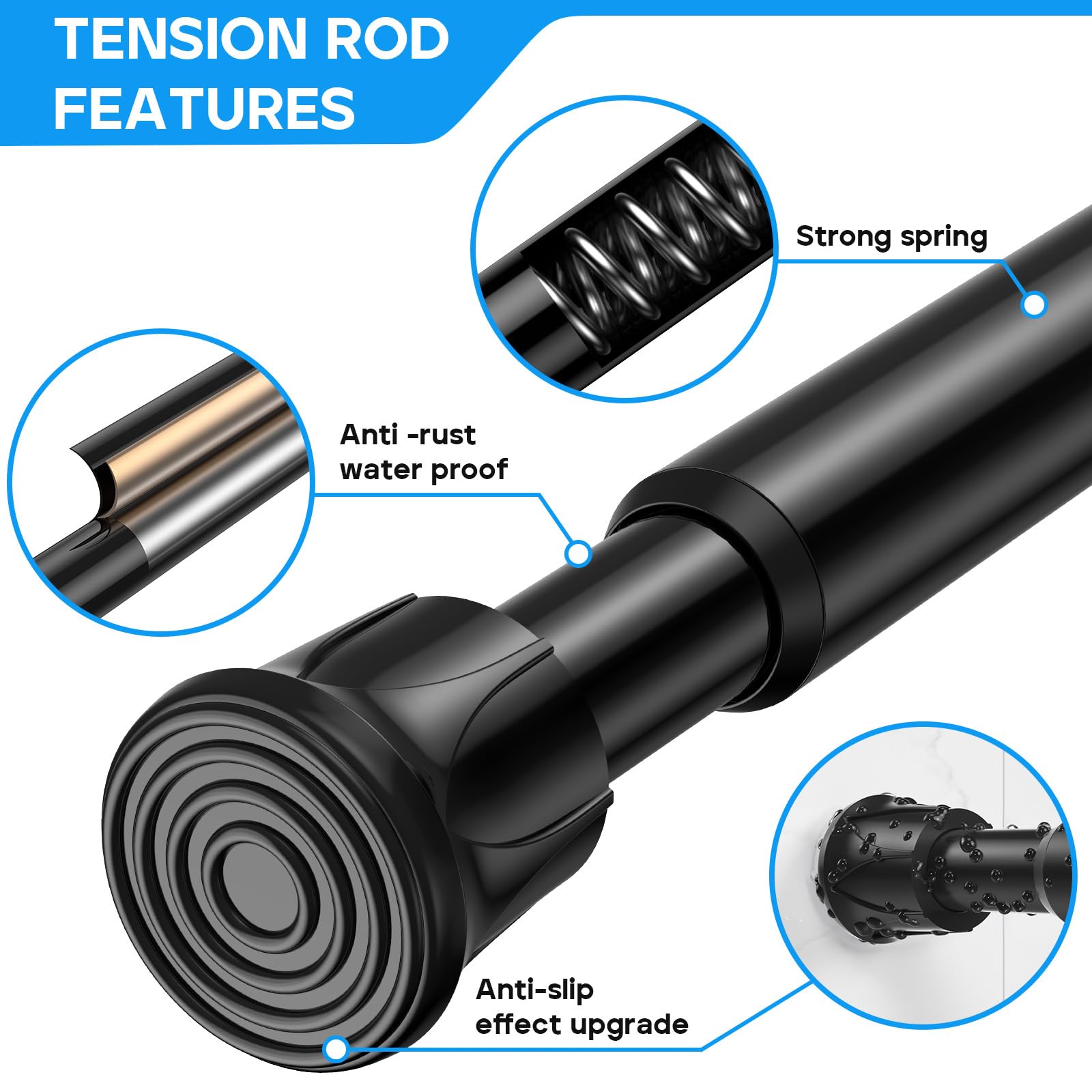 QINGYUN 2 Pack Black Spring Tension Curtain Rods 28-48 Inches, Spring Loaded Curtain Rods No Drilling, Adjustable Small Tension Rod for Windows, Kitchen, Doorway, Bathroom, Closet