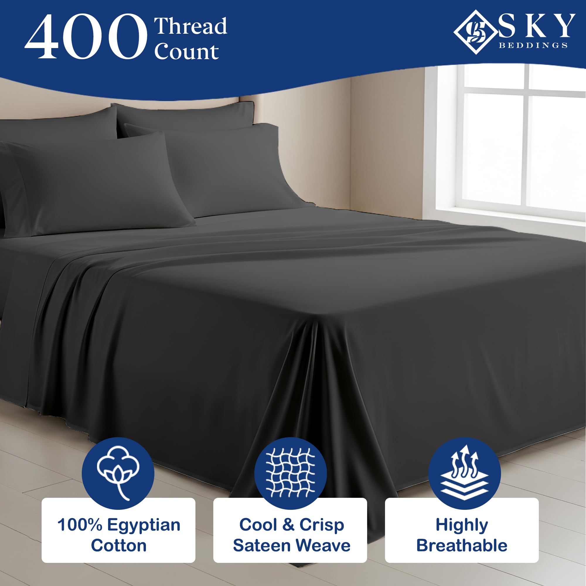 SKY BEDDINGS 100% Cotton Full Sheets - 400 Thread Count Sateen Weave, Cooling, Hotel Luxury 4 Piece Full Size Bed Sheets Set with 15" Deep Pockets, Breathable Cotton Full Size Sheets - Light Grey