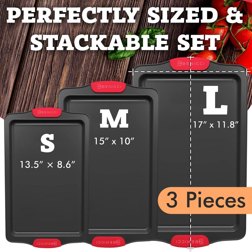 Premium Non-Stick Baking Sheets Set of 3 - Deluxe BPA-Free, Easy-Clean Racks with Silicone Handles | Perfect for Cookies and Pastries