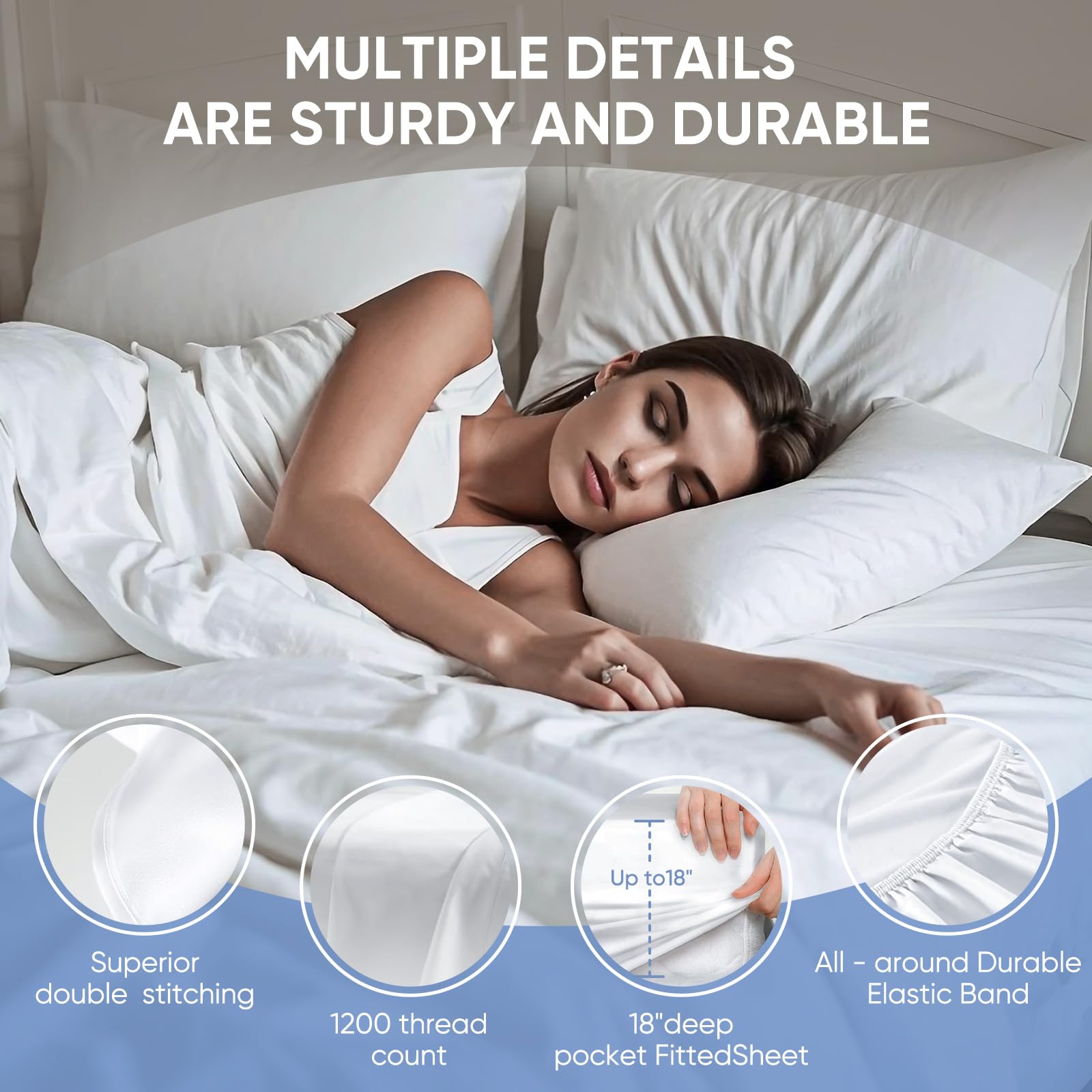 TWK 1200 TC 100% Egyptian Long-Staple Cotton Bedding Sheets Set, Luxury Hotel Style Deep Pocket with Elastic Reinforced Seams Sheet Set, Soft & Comfy Natural Sheets (White, King)