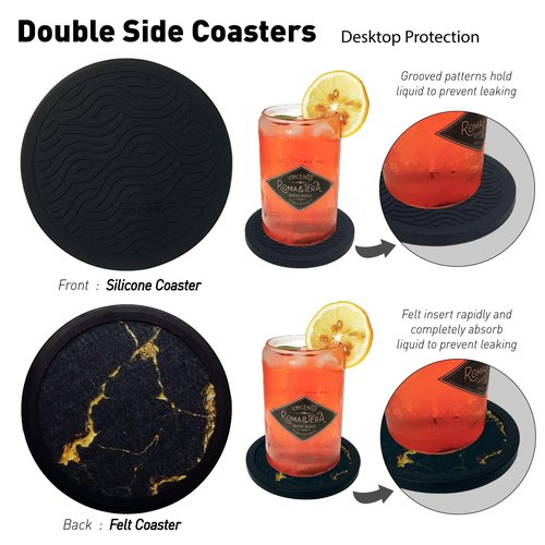Set of 4 Non-Slip Silicone Coasters, Double-Sided Absorbent Cup Mats for Hot & Cold Drinks, Scratch & Water Ring Protection for Wood Tables, Home Office Bar Use (Black Gold Marble Pattern)