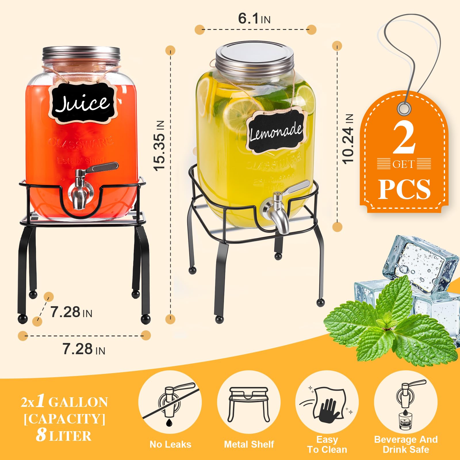 RuileMei 2 Pack1 Gallon Glass Drink Dispensers For Parties,Beverage Dispenser with Stand,304 Stainless Steel Spigot Leakproof,Lemonade Dispenser for Sun Tea, Homemade Juice