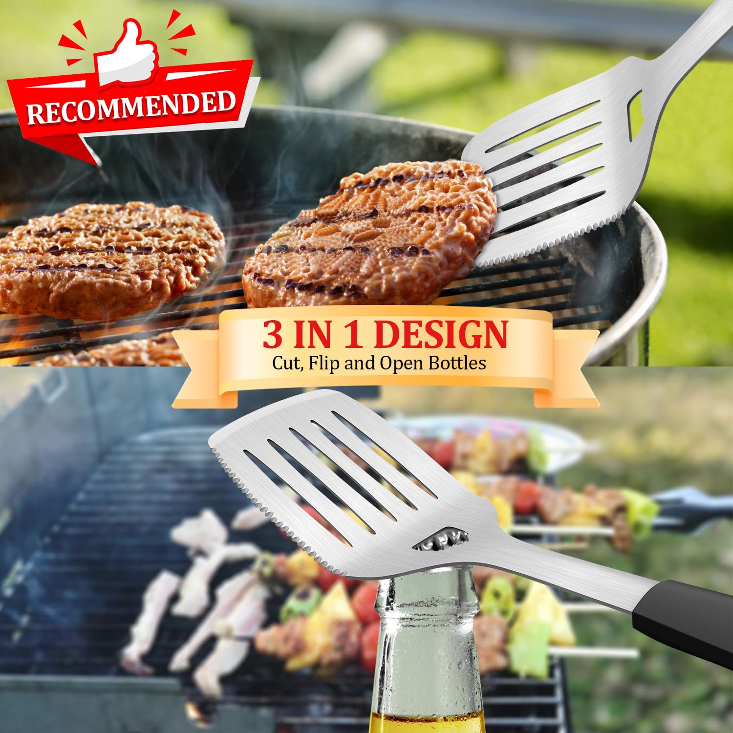 Svailse 2 Pcs Grill Spatula Accessories Set, Heavy Duty BBQ Grill Tools Utensils Kit with Extra Thick Stainlsee Steel Fork and Multi-Function Spatula for BBQ Grilling