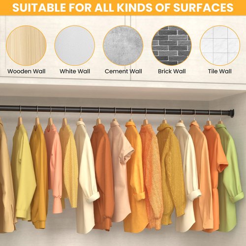 Closet Rods for Hanging Clothes, 17-69 Inch No-Cut Stepless Adjustable Closet Rod, 1.3 Inch Heavy Duty Metal Closet Hanging Rod with Brackets, Black Closet Bar for Closet, Laundry Room, RV, Wardrobes