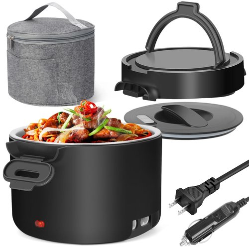 WVJ Electric Lunch Box for Men, 1L/34oz 100W Portable Food Warmer Leak-proof Food Heater for Adults 12V/24V/110V for Car/Truck/Office/On-the-Go Travel Black