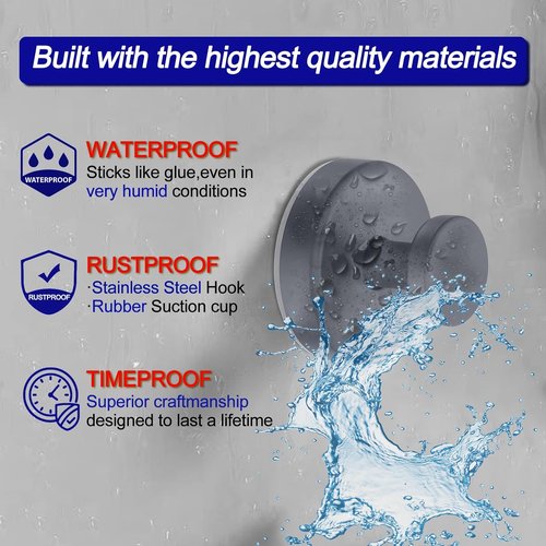 Bntuk Suction Cup Hooks - Removable Towel & Bath Robe Holders for Shower | 4 Pack, Grey