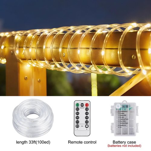 1 Pack Battery Powered String Lights Waterproof with Remote 33ft 100LED Timer 8 Modes Battery Operated Outdoor Lights for Christmas Decor Trampoline Camping Tents, Warm White