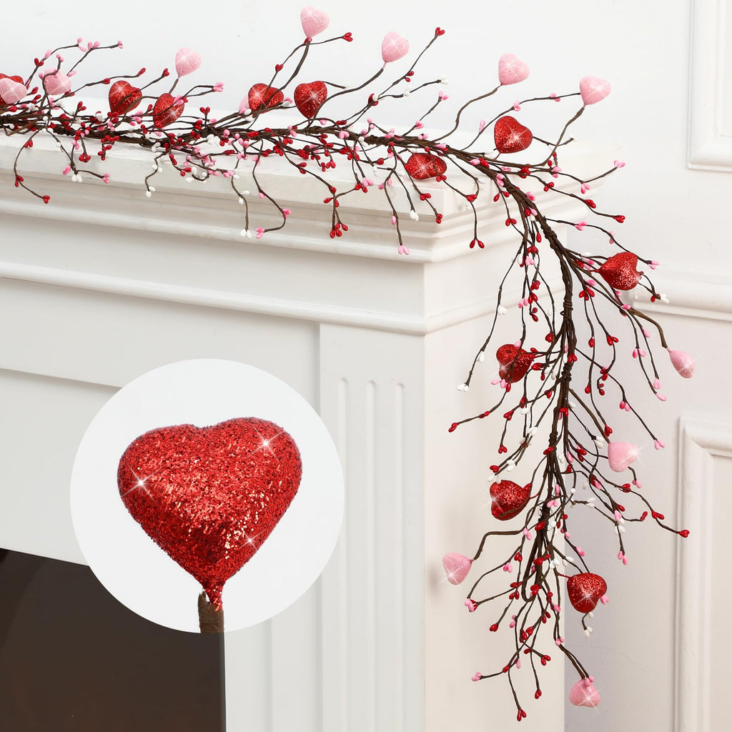 Yuxung Valentine's Day Glitter Garland with 30 Fairy Lights 4.5ft Pip Berry Cherry Blossom Garland LED Christmas Lights for Valentine's Day Wedding Party (Red, Pink)