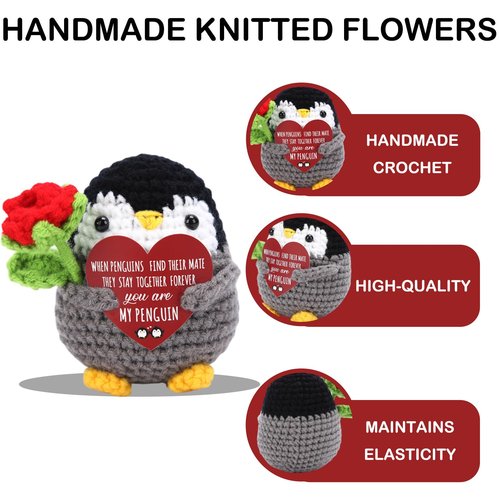 Easter Basket Stuffers,Positive Crochet Animals Penguin with Rose Flowers for Valentines Day Gifts,Easter Gifts for Women,Men,Mom,Wife, Girlfriend,Boyfriend, Husband,Teens