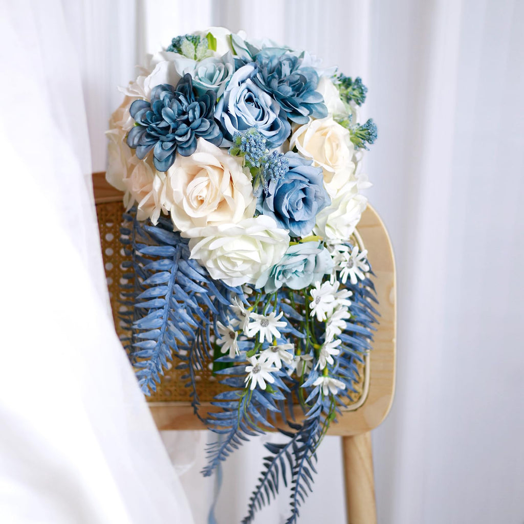 Dusty Blue Rose Bouquets for Bride Wedding White Navy Blue Champagne Cascading Bridal Bouquet Artificial Silk Flower Boho Rustic Ceremony Anniversary Decor Summer Fall Winter Wedding Toss Bouquet